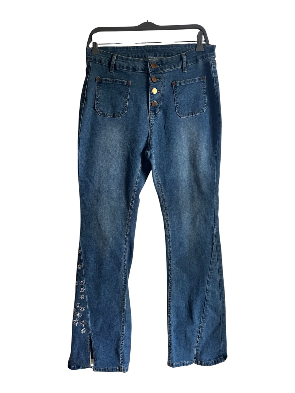 Women's Size XL Blue Button-Front Jeans with Side Embroidery